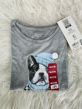NWT Member's Mark Girl's Long Sleeve Tee "tres chic" Dog with Applique - M (7-8)